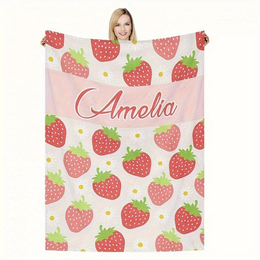 1Pc Custom Name/Text Strawberry Pattern Design Flannels Blanket, Soft and Comfortable, Suitable for Office, Home, Unique Present