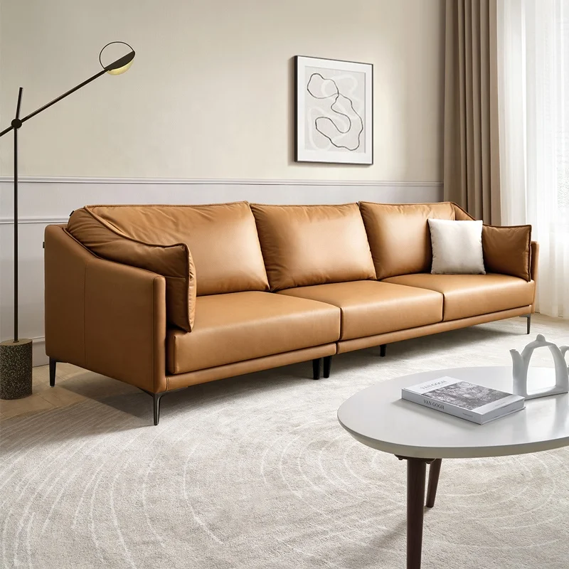 

Full Cow Deep Seat Fluffy Texture Technical Fabric Nordic Brown Sofa Set Furniture Modern Living Room