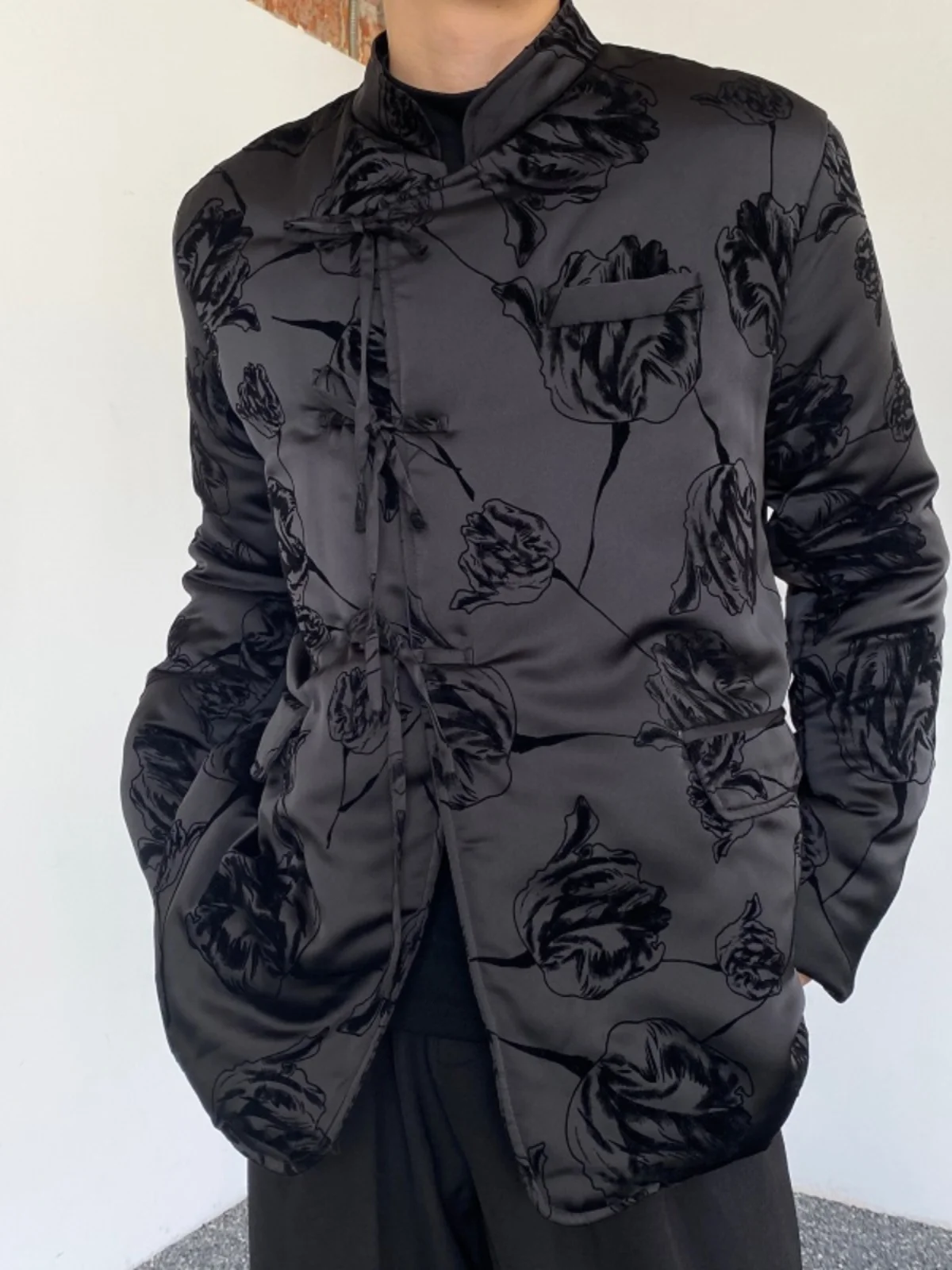 

Men's Thiened Satin Stand Collar Cotton Jaet Winter Floral Design Zen Sle Chinese Retro Sle Long Coat Youth Casual Wear