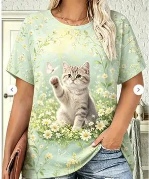 Women Crew Neck Short Sleeve T‑shirt Black Cat Glowing Butterfly Purple Rose Floral Starry Print Casual Summer Top