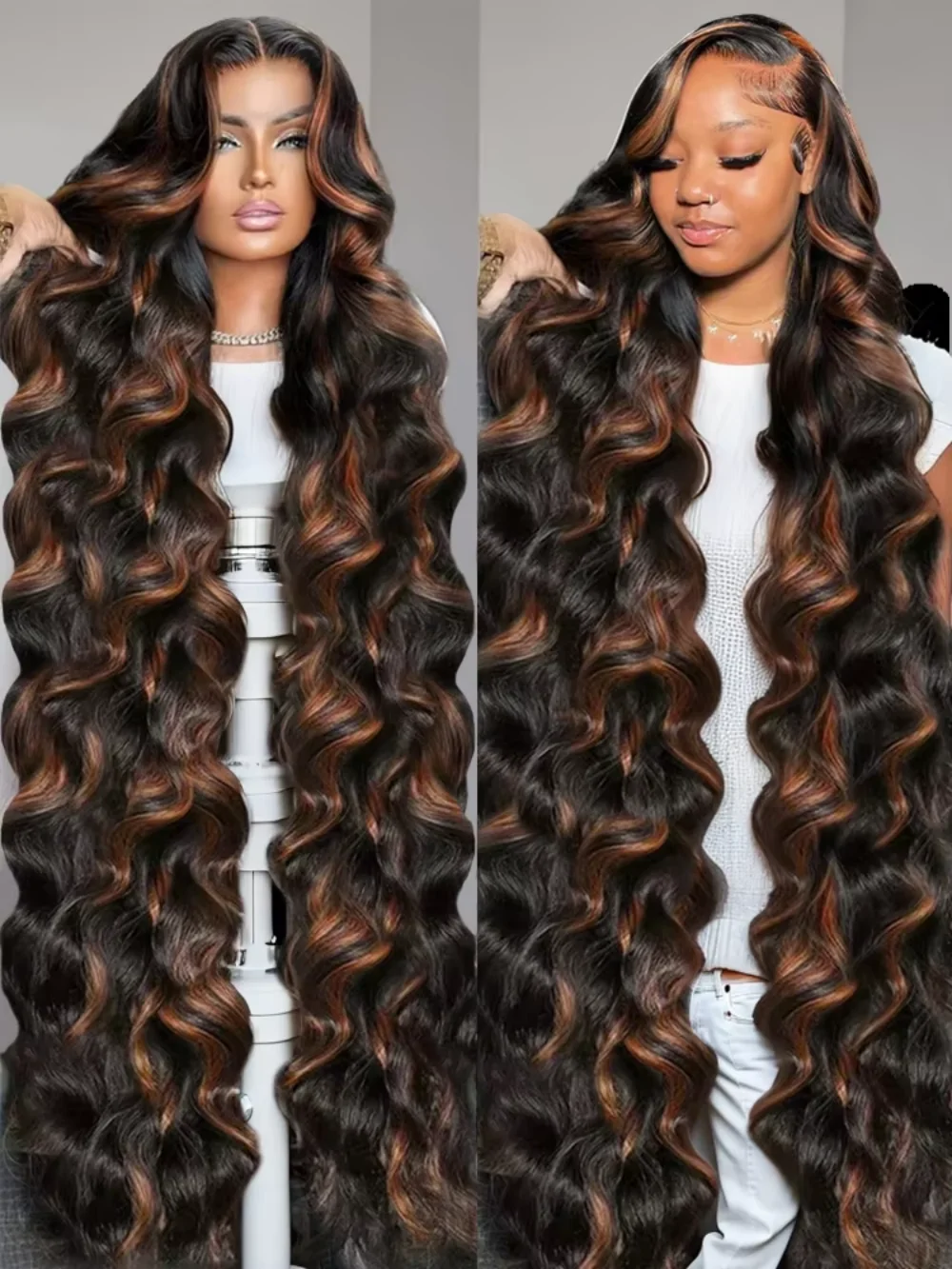 

46 Inch Ombre Highlight Body Wave 13x6 HD Lace Front Human Hair Wigs 220 Density FB 30 Black Brown 13x4 Lace Full Frontal Wig