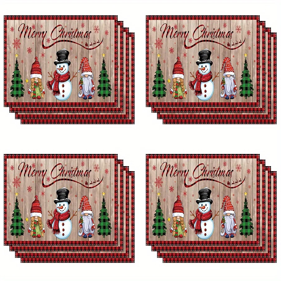 Christmas Placemats - Festive Snowman, Santa, and Tree Design, Red & Checkered Table Mats,Christmas Table Decorations