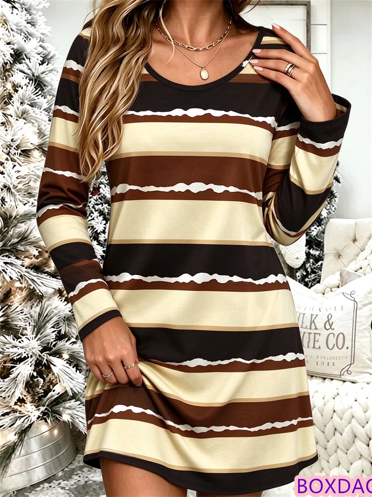 Women's round neck long sleeved dress with simple stripes fashionable 3D printing daily office casual women's dress