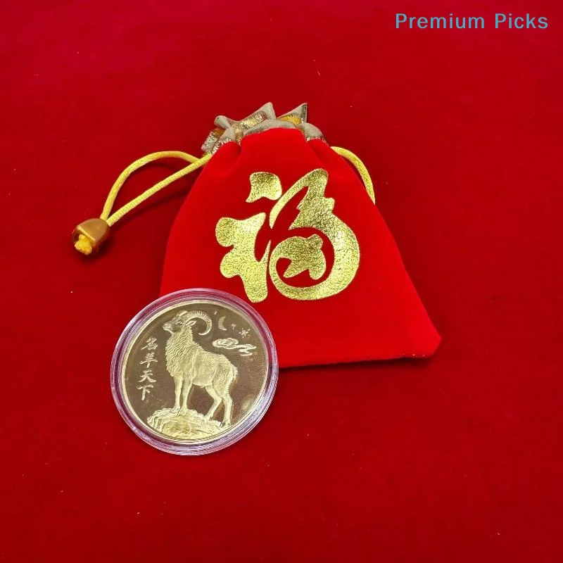 portableChinese Zodiac Goat Collectible Commemorative Coin 1Pcs Gold Plated with Acrylic Case Red Pouch for Home Decor