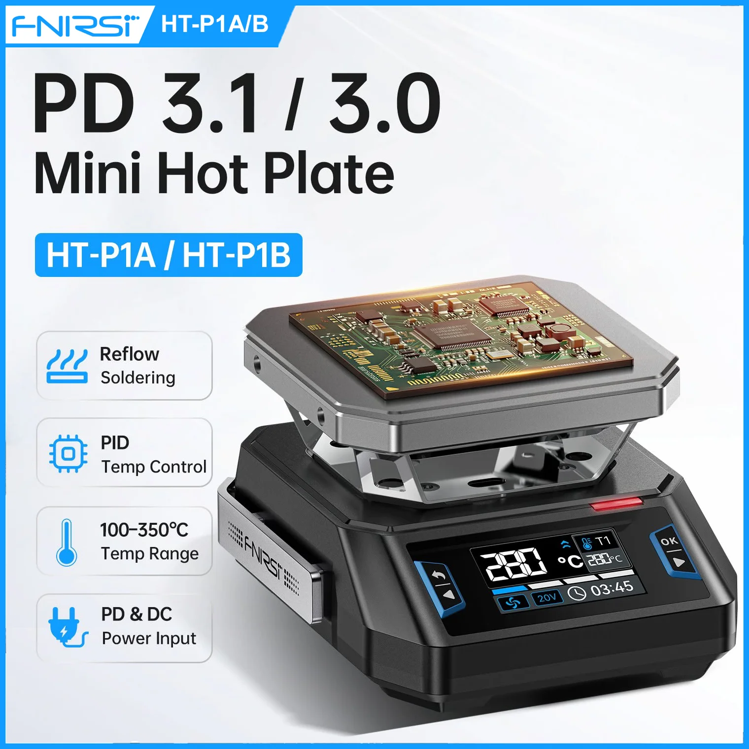 plaque-chauffante-portable-fnirsi-ht-p1-150w-mini-avec-controle-pid-100–350-°-entree-c-dc-usb-c-pd-mode-double-chauffage-et-refusion-pour-le-travail-sur-les-circuits-imprimes