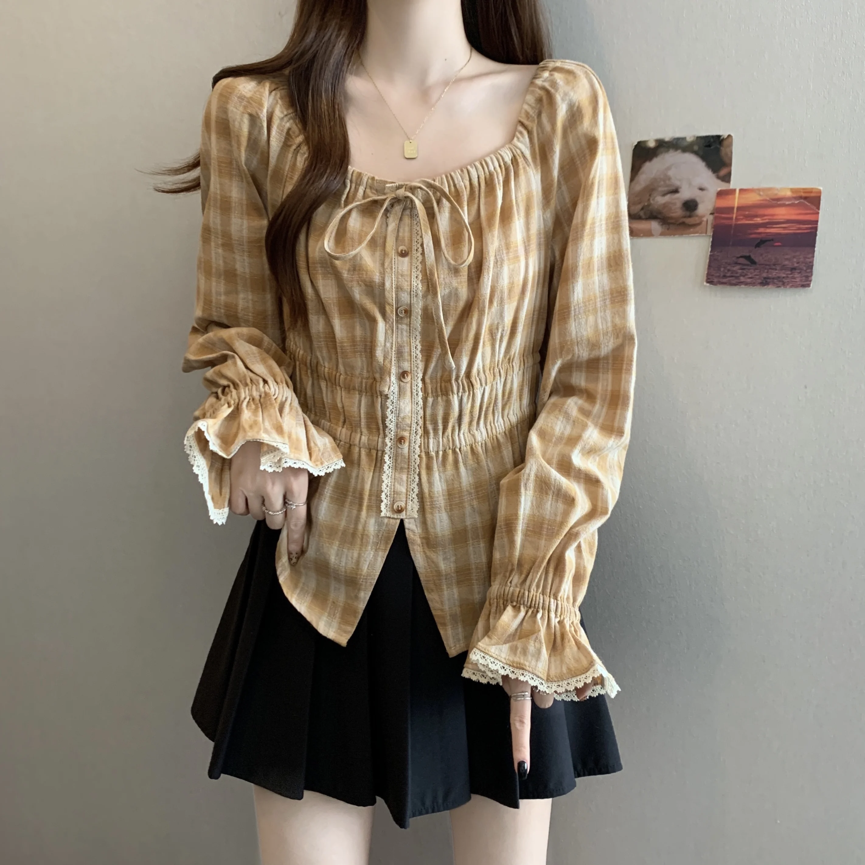 

Женские большие размеры irt Ele Sle Floral Sve Long Sve для похудения, осеннее новое поступление, желтый клетчатый пояс-кинч...