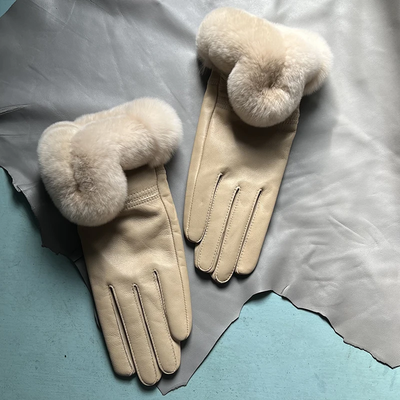 Autumn winter women's genuine leather gloves 100% real rex rabbit fur genuine sheepskin mittens black red blue pink