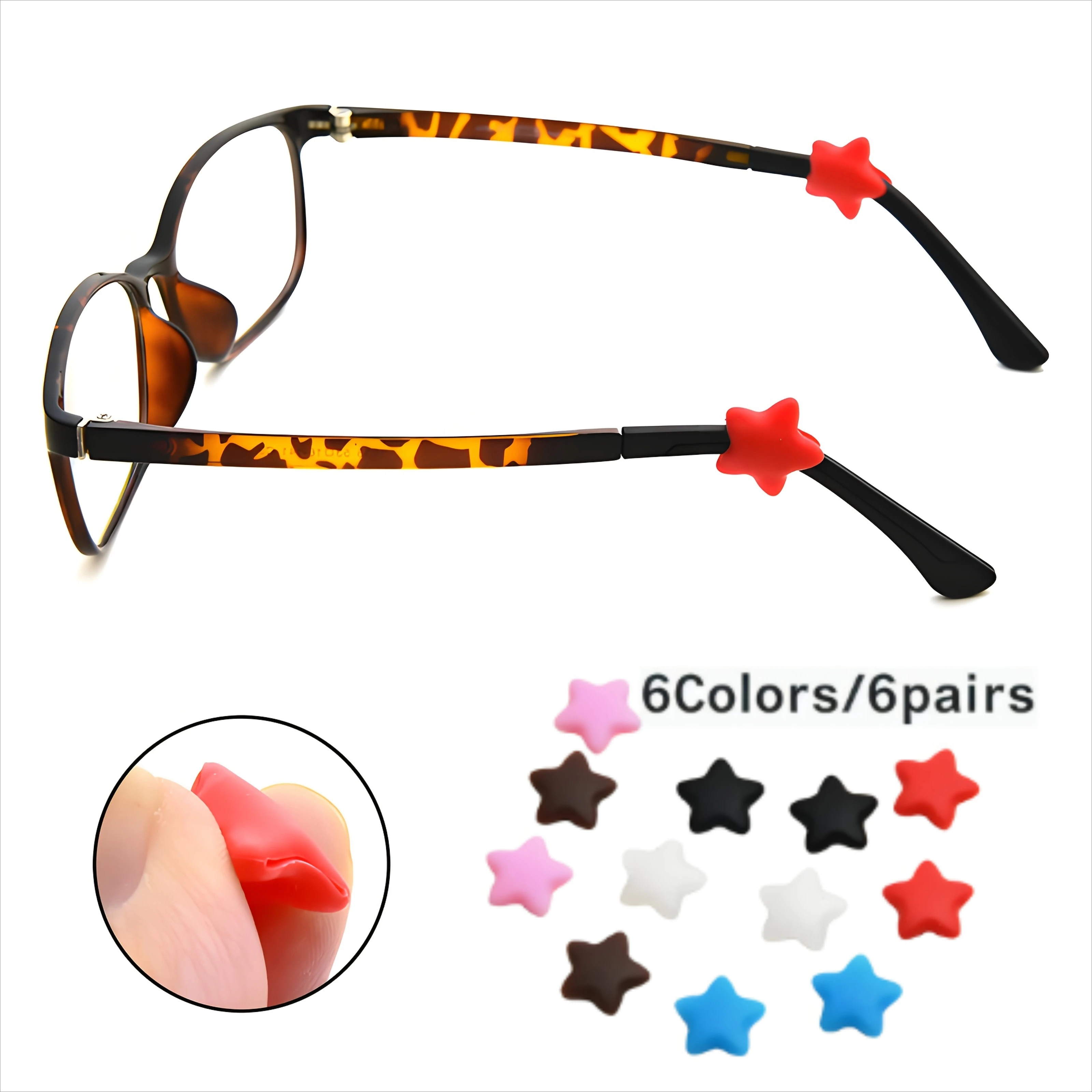 6 Colors / 6 Pairs Silicone Anti-Slip Star Ear Grips, Glasses Accessories,Slip-On Temple Holders to Prevent Glasses from Falling
