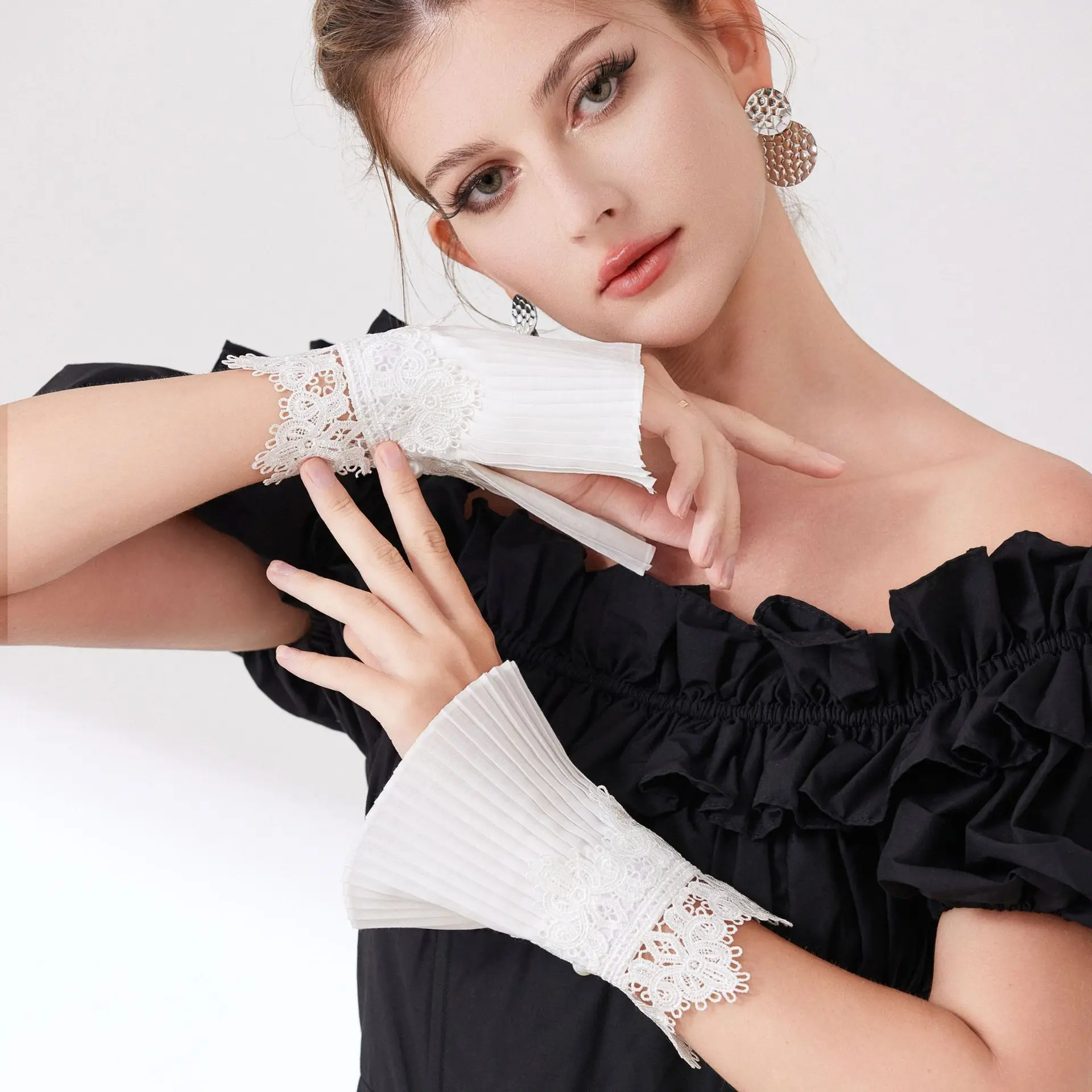 Pleated Ruched False Cuffs Versatile Fake Flared Sleeves Detachable Sleeves Stylish Sweater Blouse Wrist Warmers For Women'S