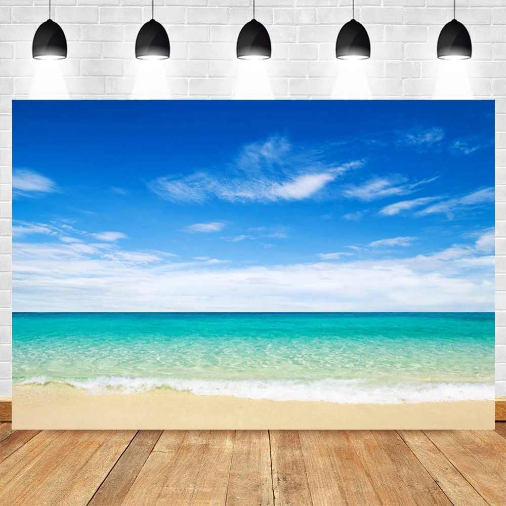 Sunset Beach Waves Backdrop for Photography Summer Holiday Ocean Seaside Blue Sky White Cloud Sand Photocall Photo Background