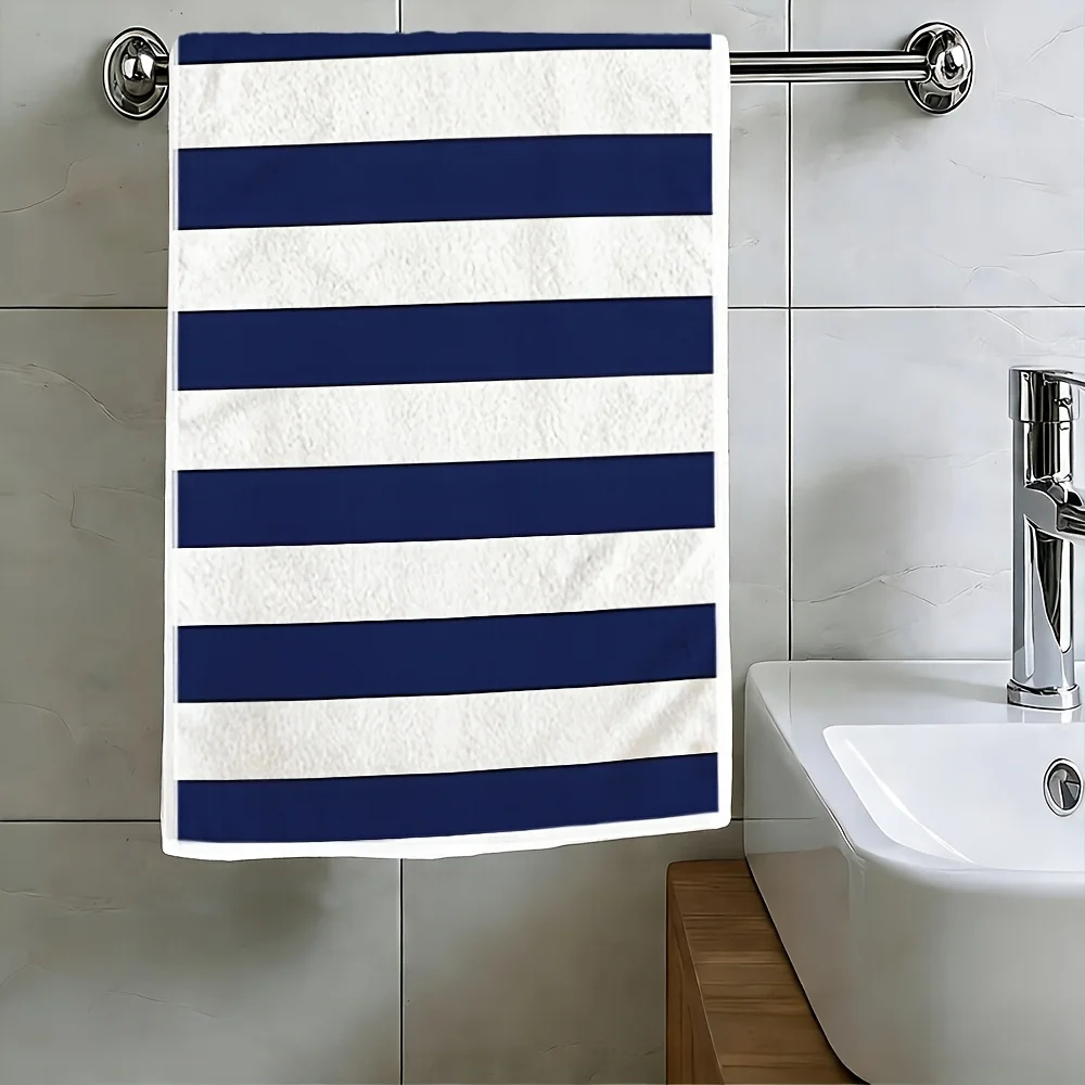 1pc Navy Blue White Stripe Printed Kitchen Towel, Soft Absorbent Hand Towel, Perfect for Bathroom,Home,Nautical Decor,Guest Room