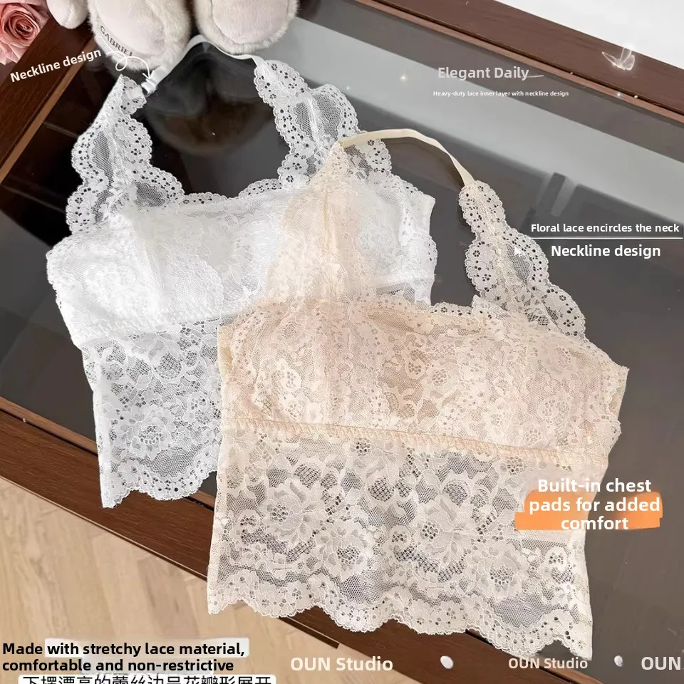 Summer New Sexy Lace Splice Neck Hanging Strap Vest Women Fixed Belt Chest Pad Bareback Top Cotton Nylon Spandex Blend