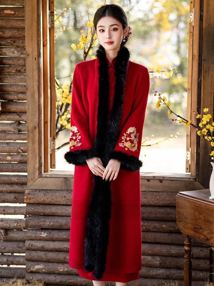 

Red Wine Color Woolen Long Coat Sle awl Women's New Chinese Sle Thi Warm Fce Lined Collar Outerwear Winter