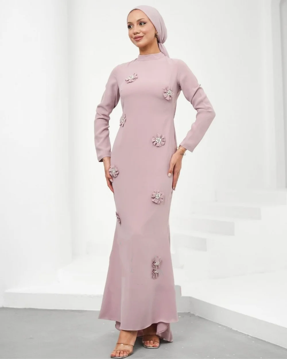 Personalizado clássico jérsei artesanal flor cristal vestidos de baile arábia saudita gola alta mangas compridas sereia vestidos de noite