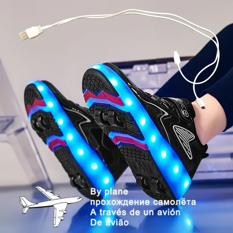 Children Four Wheels Luminous Glowing Sneakers Black Pink Led Light Roller Skate Shoes Kids Led Shoes Boys Girls USB Charging 43