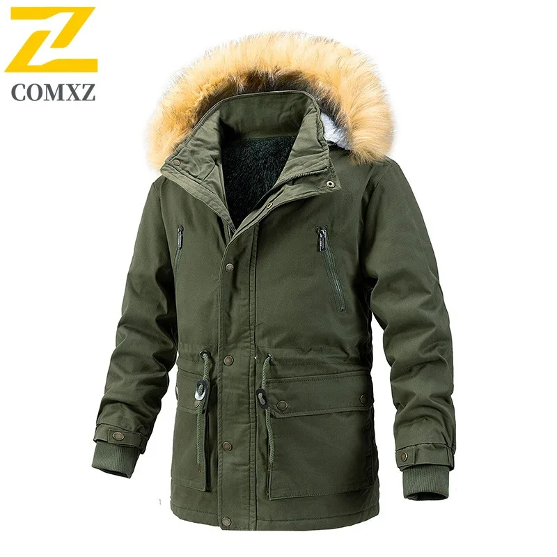 COMXZ Men's Thickened Fleece Lined Cotton Jacket Plus Size Winter Casual Outdoor Mid-Length Warm Coat Warm tactics windbreaker
