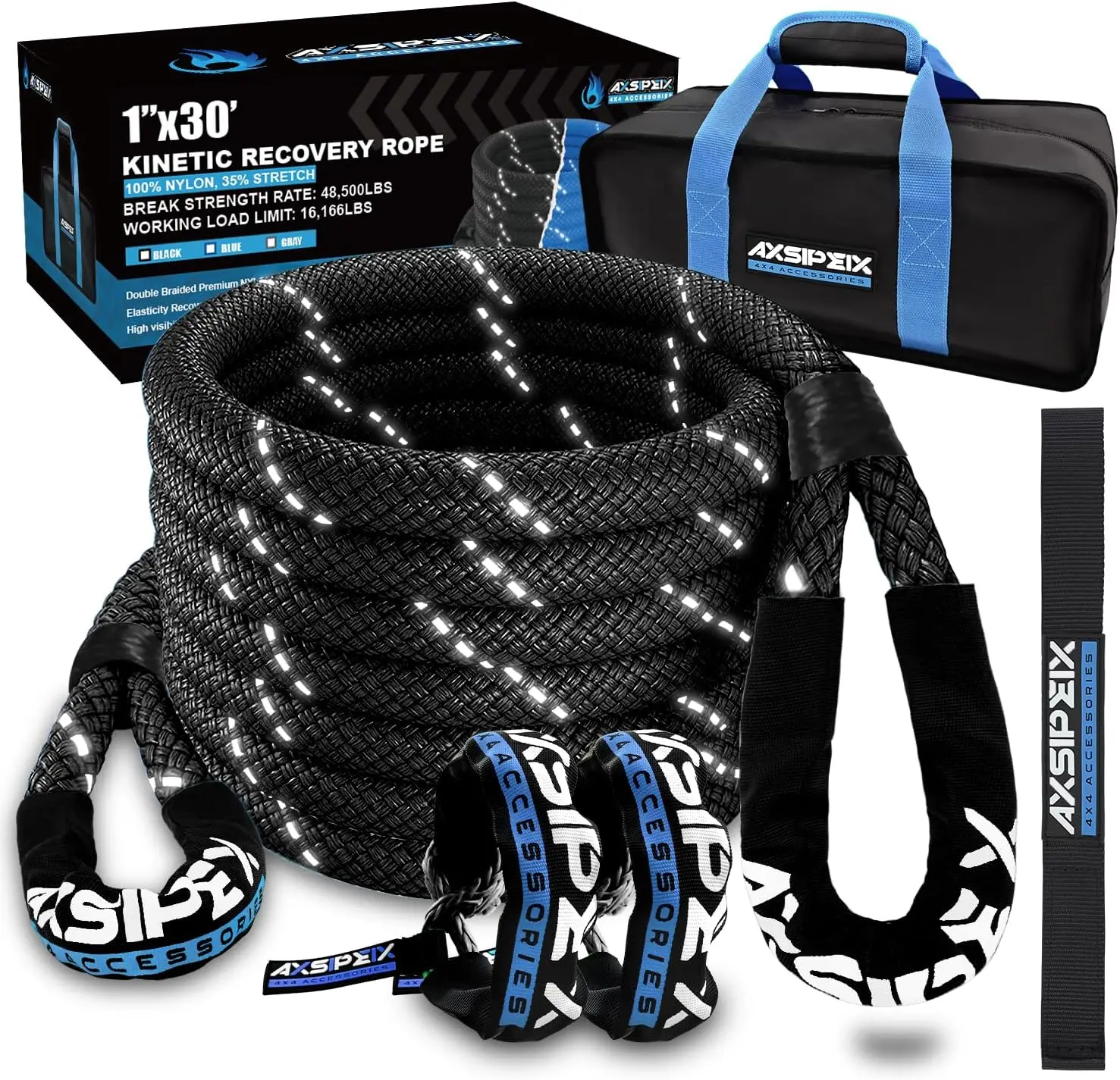 

Heavy-Duty Kinetic Recovery Rope Kit: 1in x 30ft, 48,500Lbs Strength, 35% Elasticity with Soft Shackles for Offroad Vehicles