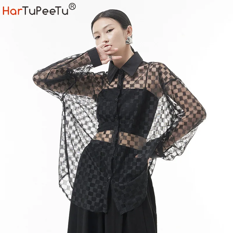 

Transparent Blouse Women 2022 Spring Summer Lightweight Plaid Shirts See Through Long Top Streetwear Outdoor Sun-proof Cover Ups