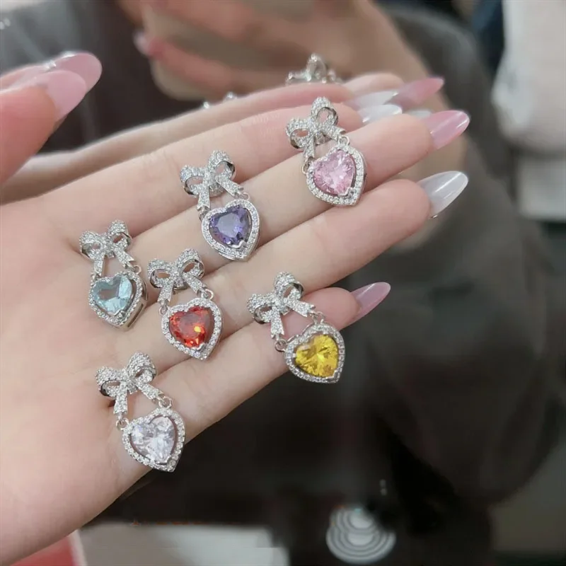 

MDL Moissanit1 Style Sparkling Color Gems Rainbow Color Heart Drop Earrings 18K Gold Plated Heart Ribbon Zirconia