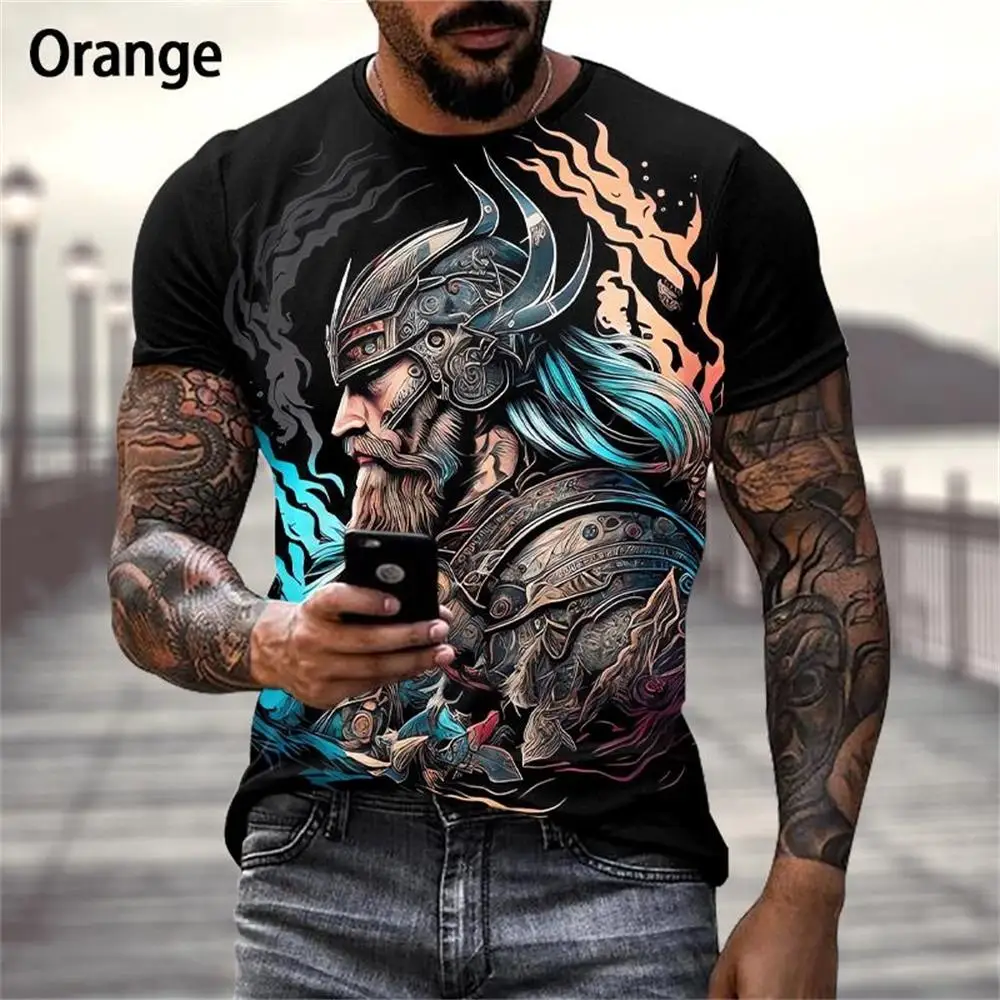 Men 3D Full Print Tee Viking Odin Winged Helmet Portrait Crew Neck Casual Summer Street Top