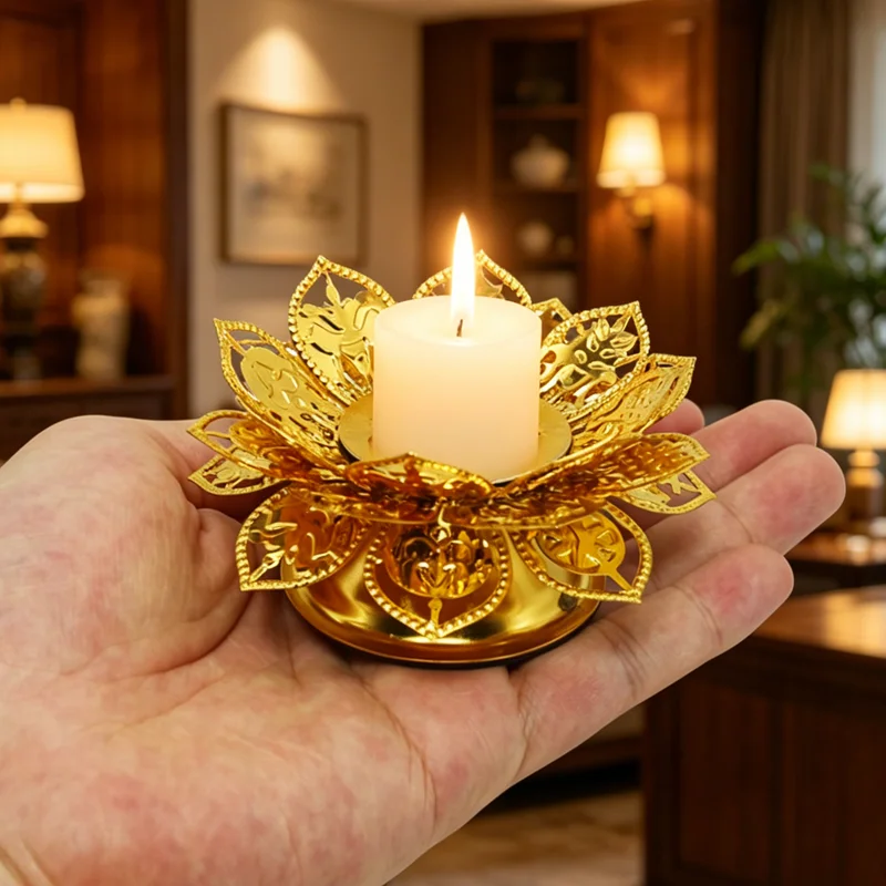 Gold Lotus Candlestick Candle Holder Stand Ghee Oil Lamp Butterlamp Tea Light Tibetan Gold Activities Prayer Home Festival Decor