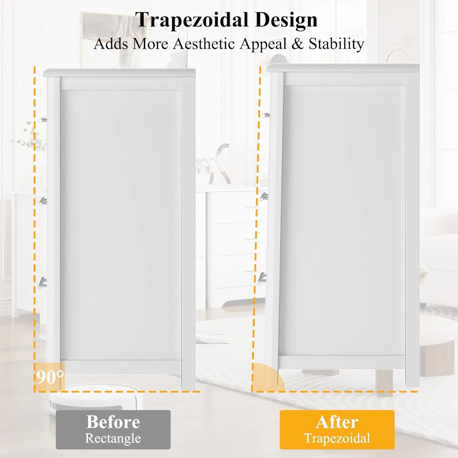 (Trápezoidal/blanco) Cómoda de 6 cajones, cómoda doble blanca moderna, cómoda ancha con tiradores de metal, almacenamiento de madera decorativa Dr