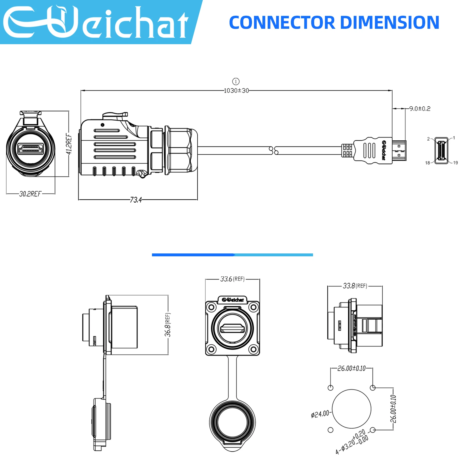 LP24 HDMI Waterproof Connector IP68 Industrial Circular Aviation Date Connector Plug With 1m Cable