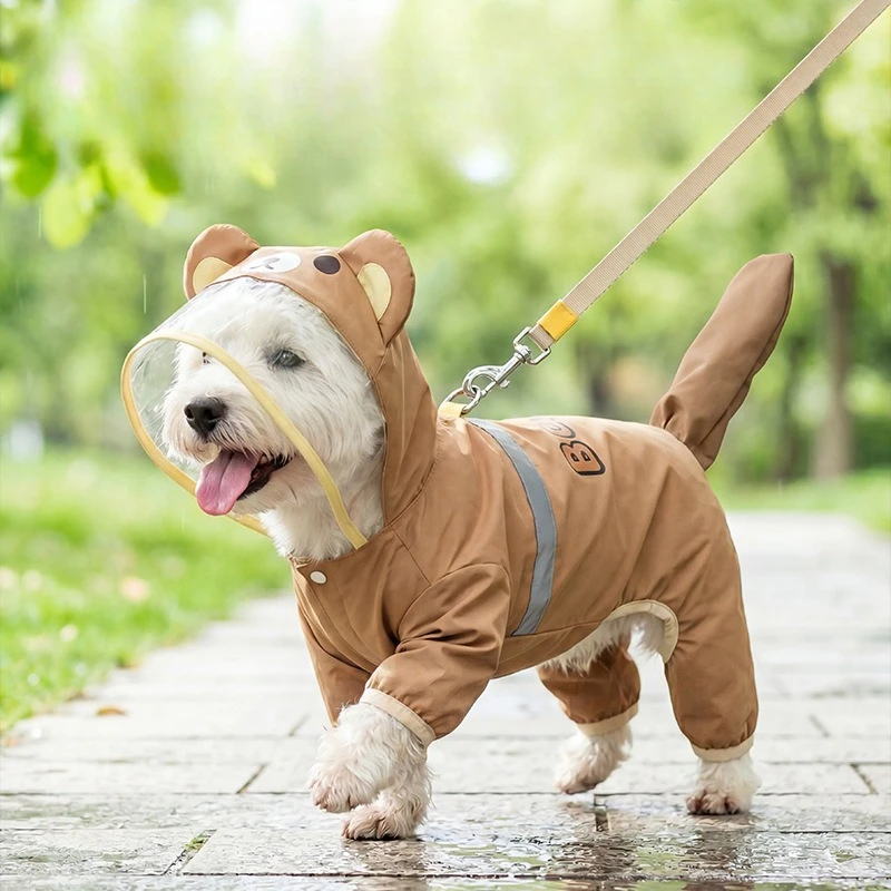 

New Cute Pet Raincoat Covered Tail Detachable Cartoon Bear Raincoat Transparent Mask Small Dog Clothes Poncho Pets Clothes
