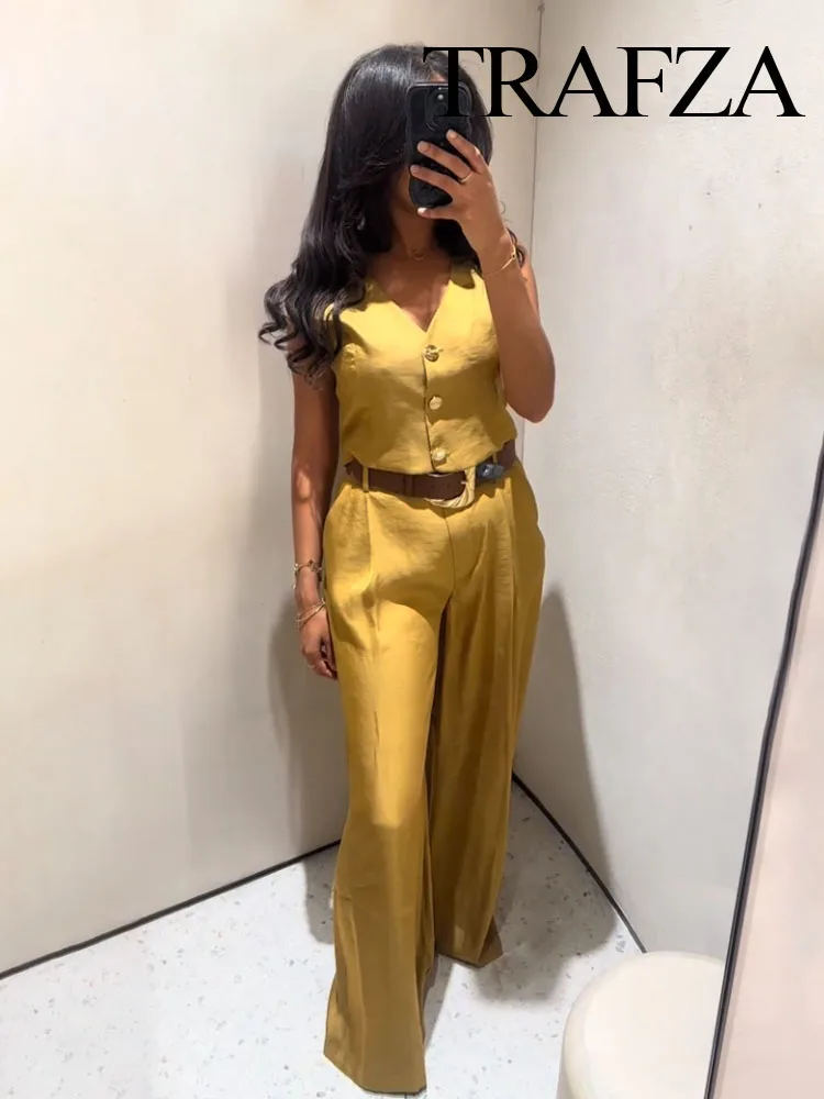 

TRAFZA Women Summer 2-Piece Set V-Neck Single-Breasted Sleeveless Vest Top+High Waist Casual Zipper Belt Side Pocket Trousers