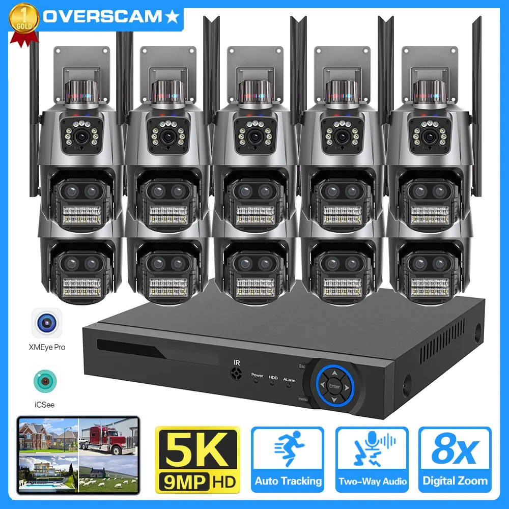 

9MP 5K Wifi IP Camera 8X Digital Zoom Outdoor Three-Lens Dual-Screens Auto Tracking 10CH 4K NVR PTZ Control Camera System ICsee