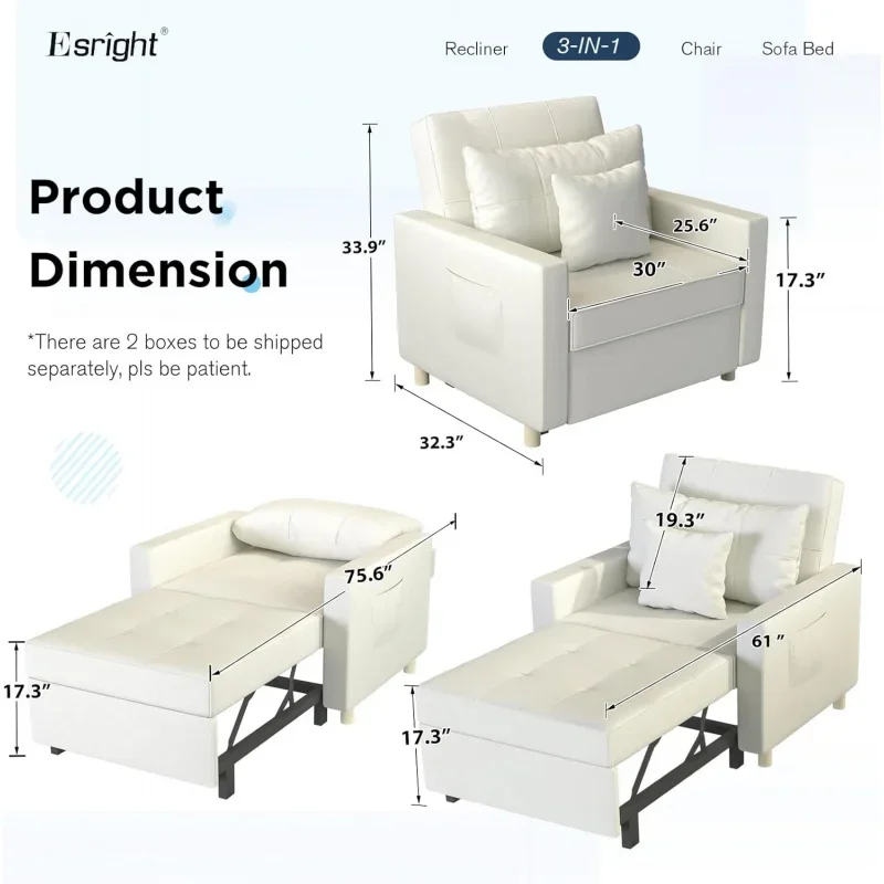 3-1 Convertible Chair Bed Pull Out Single Sofa Bed Adjustable Backrest, 2 Pillows Side Pocket Upgrade Foam Armchair,White