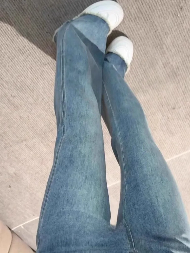 Light Blue Frayed Hem Flared Jeans Women's Elastic High Waist Bell Bot Pants Casual Sle Long Zipper Closure Denim Jeans