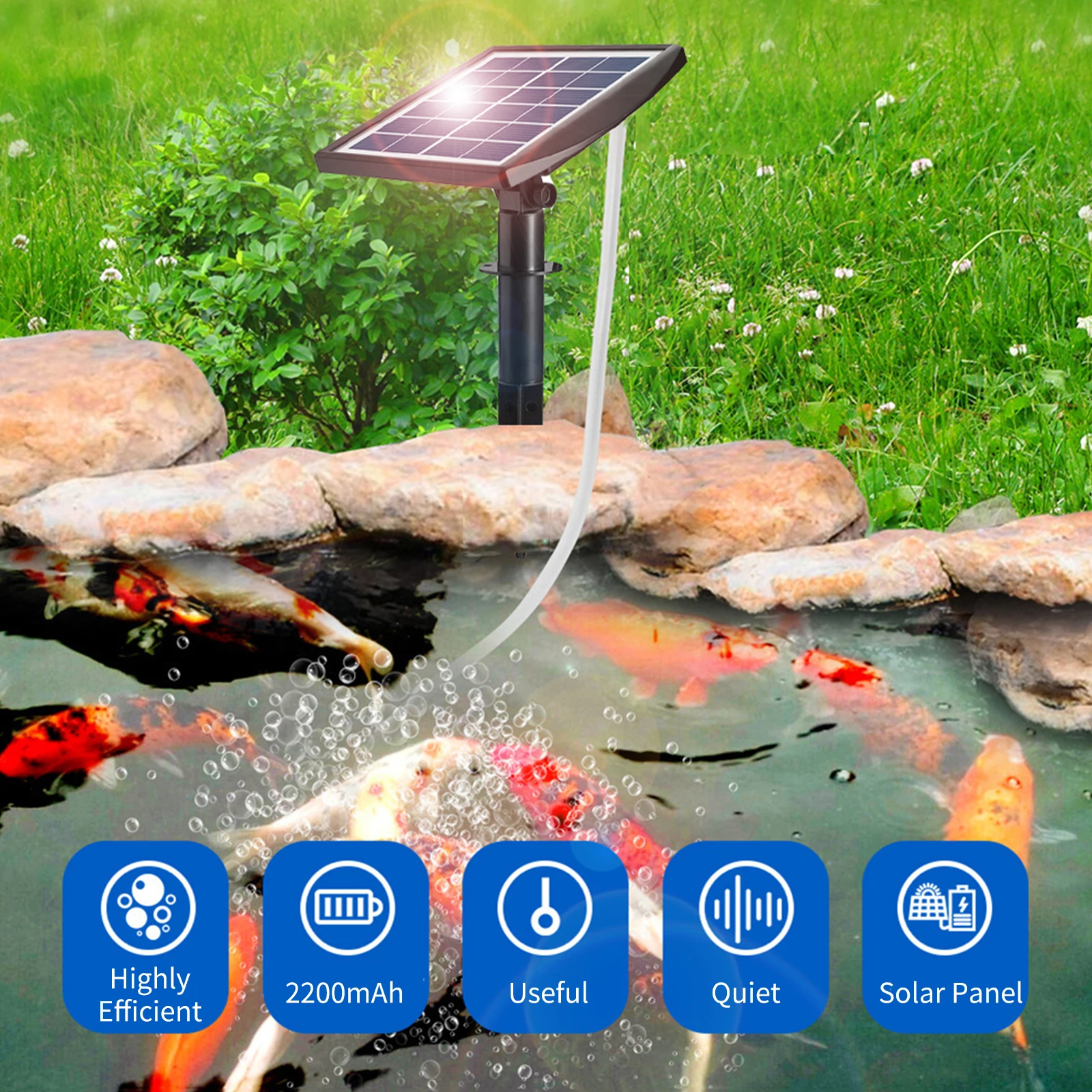 

6V 2W Plug-in Solar Oxygen Pump with 8.2ft Pipe 2 Air Bubble Stones Fish Tank Oxygenator Aquarium Oxygen Aerator Air Pump