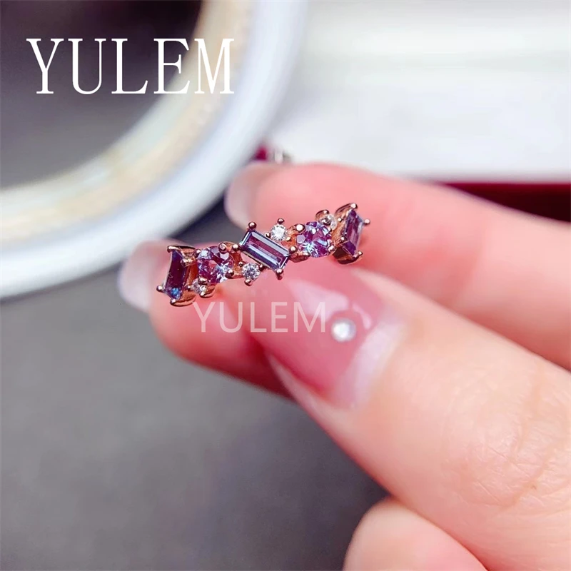 YULEM Change Color Alexandrite Ring with 925 Sterling Silver Engagment Wedding Jewelry for Women Anniversary Gift