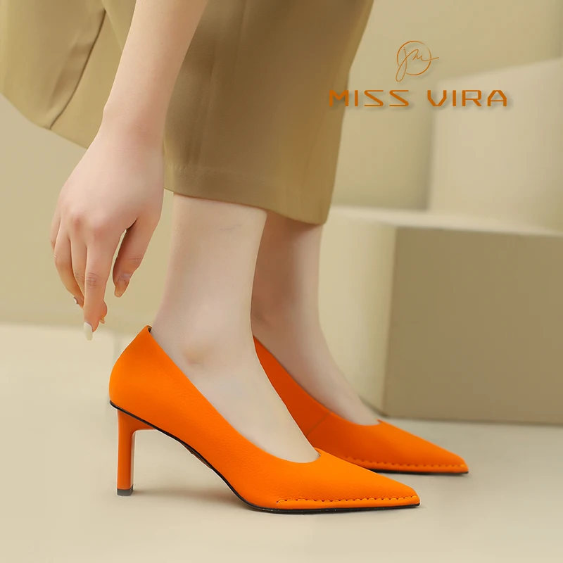 

MISS VIRA Elegant Pumps Women Genuine Cow Leather Pointy Toe Orange High Heels Spring Fashion Party Ladies Shoes