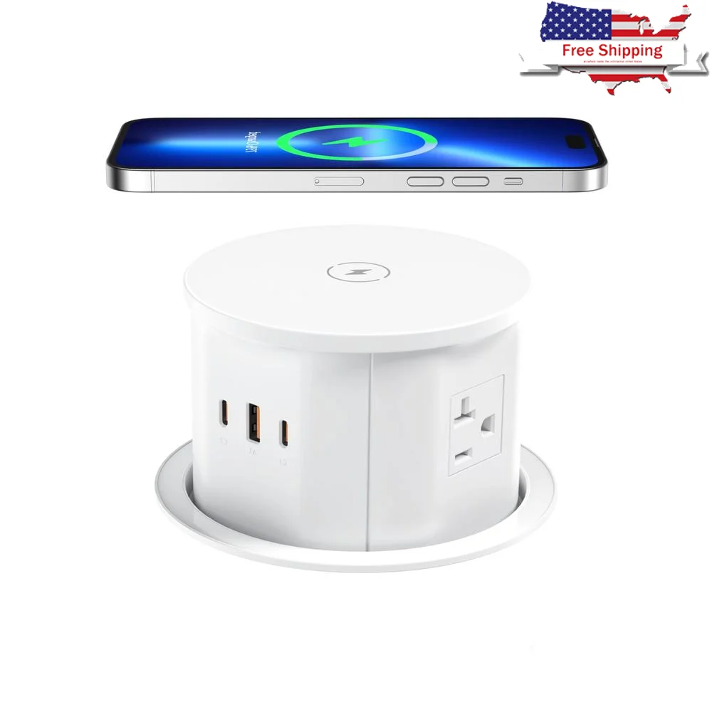 Retractable Countertop Power Outlet with Wireless Charging 3 AC Outlets 65W USB-C Ports 15W Fast Charger