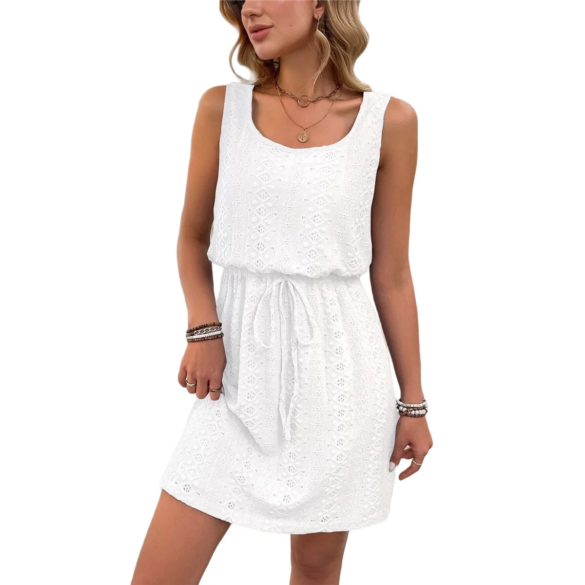 女性中空アウトテクスチャード巾着ミニドレスホワイト M