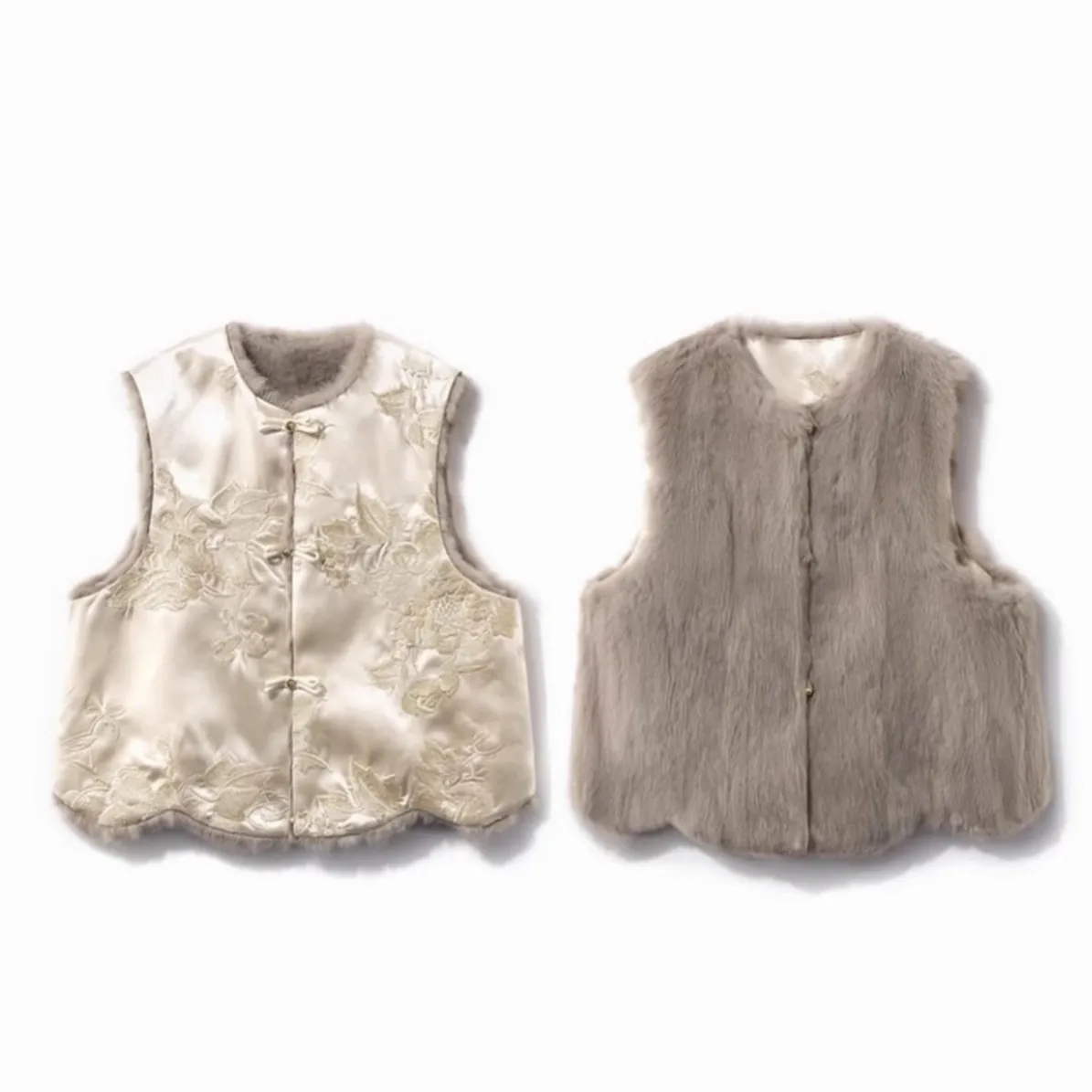 เสื้อกั๊กขนกระต่ายแท้แบบสองด้าน สไตล์จีนใหม่ ระดับไฮเอนด์ ติดกระดุมด้านหน้า ให้ความรู้สึกหรูหราสำหรับผู้หญิง...