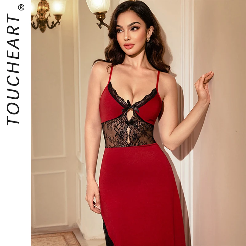 Toucheart Women's Dress Sexy LingerieSet Satin Maxi Slip Spaghetti Strap Lace Sheer See Through Sweet Plunge HollowNightwear Set