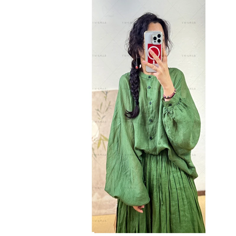 

New Arrival Spring/summer Women Loose Fit Casual O-neck 100% Ramie Blouse Vintage Single Breasted Lantern Sleeve Shirts T453