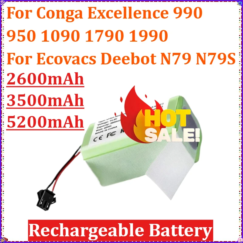 

14.4V 2600mAh 3500mAh 5200mAh Li-ion Replacement Battery for Conga Excellence 990 950 1090 1790 1990 for Ecovacs Deebot N79 N79S