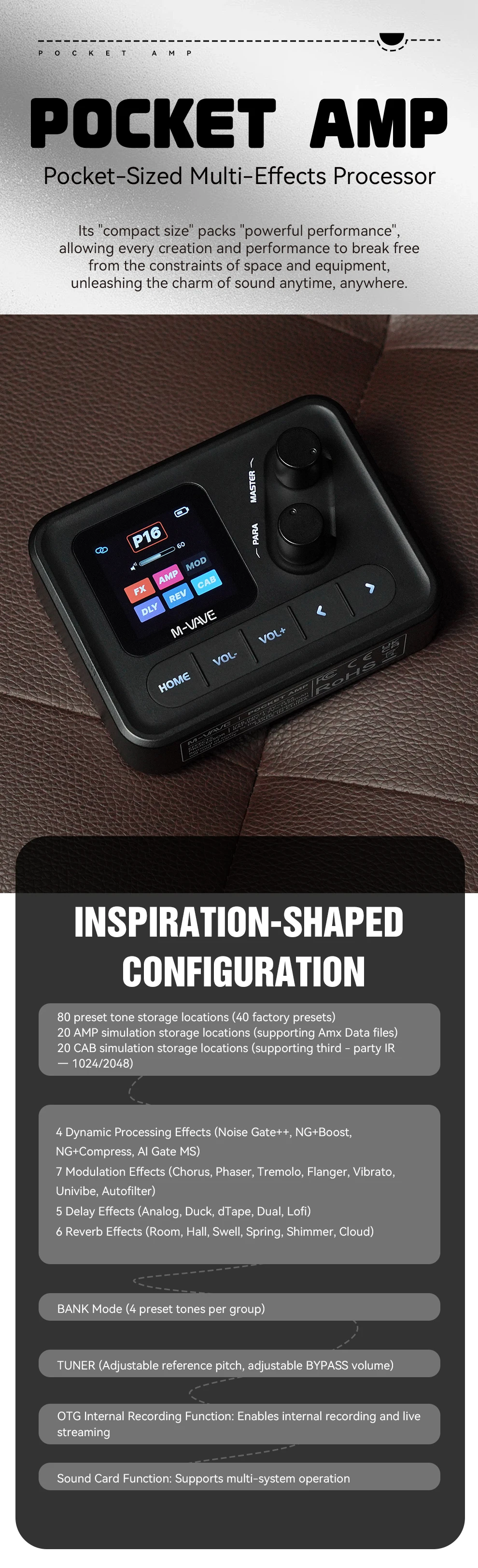 เอฟเฟคกีตาร์ M-VAVE POCKET AMP/หน้าจอสี 1.5 นิ้ว/อินเทอร์เฟซเสียง USB/แบตเตอรี่ 7 ชั่วโมง/IR Loader/บลูทูธ/สำหรับกีตาร์ไฟฟ้า/เบส