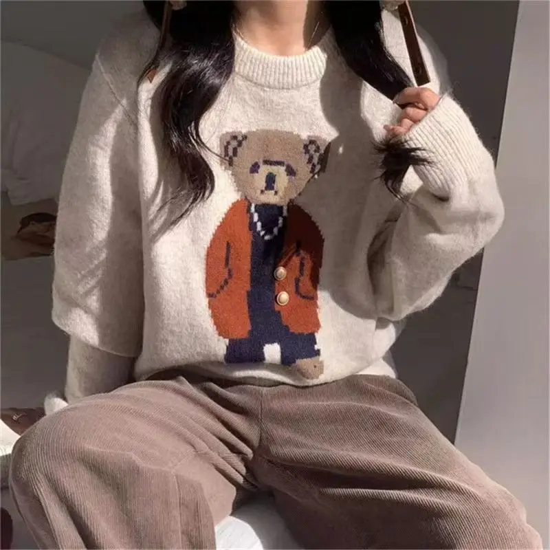 Women Cashmere Sweater 2024 Autumn Winter Korean Style Cartoon Bear Long Sleeve Y2k Clothes Pullovers Knitted Sweaters for Women