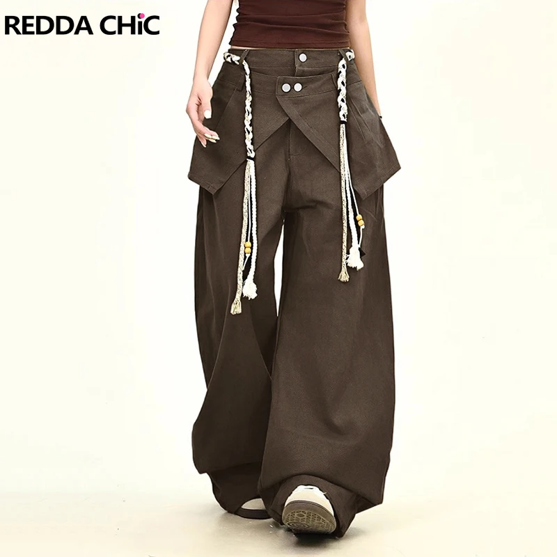 

REDDACHiC модные мешковатые джинсы с запахом для женщин, повседневные однотонные коричневые широкие брюки из двух частей, уличные брюки в стиле ретро