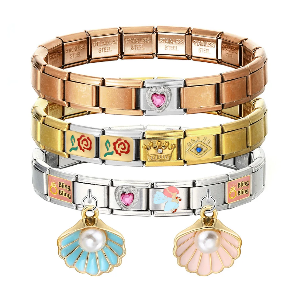 Y2k Buntes italienisches Charm-Armband mit Muschelperlen, Blumen und Kristallen, niedlicher Anhänger, Steinarmreif, Modeschmuck – Detail 3