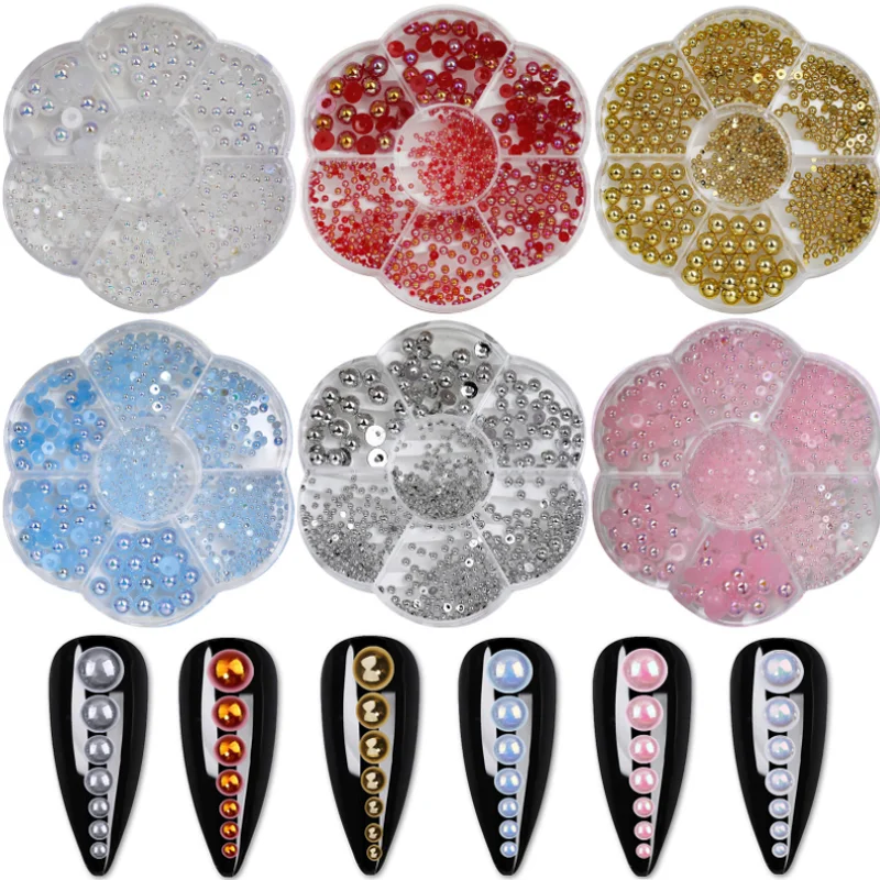 7 Grid Colored AB Semicircle Pearl Nail Rhinestone Set DIY Beauty Nail Art Decorations Manicure Jewelry Tools