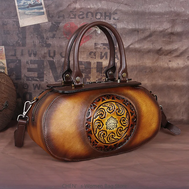 

New Genuine Leather Handbag For Women Retro Embossed Chinese Style Crossbody Bag Soft Cowhide Luxury Bags