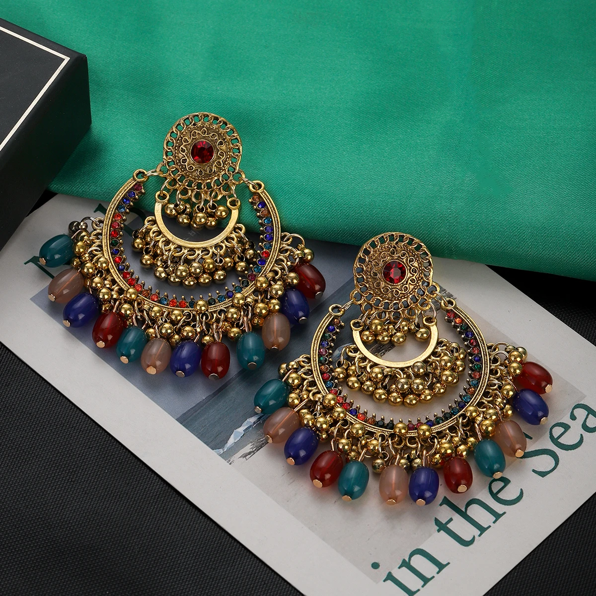 Boho Vintage Colorful Crystal Earrings for Women Retro Gold Plated Round Beads Tassel Earrings Wedding Party Jewelry Gifts