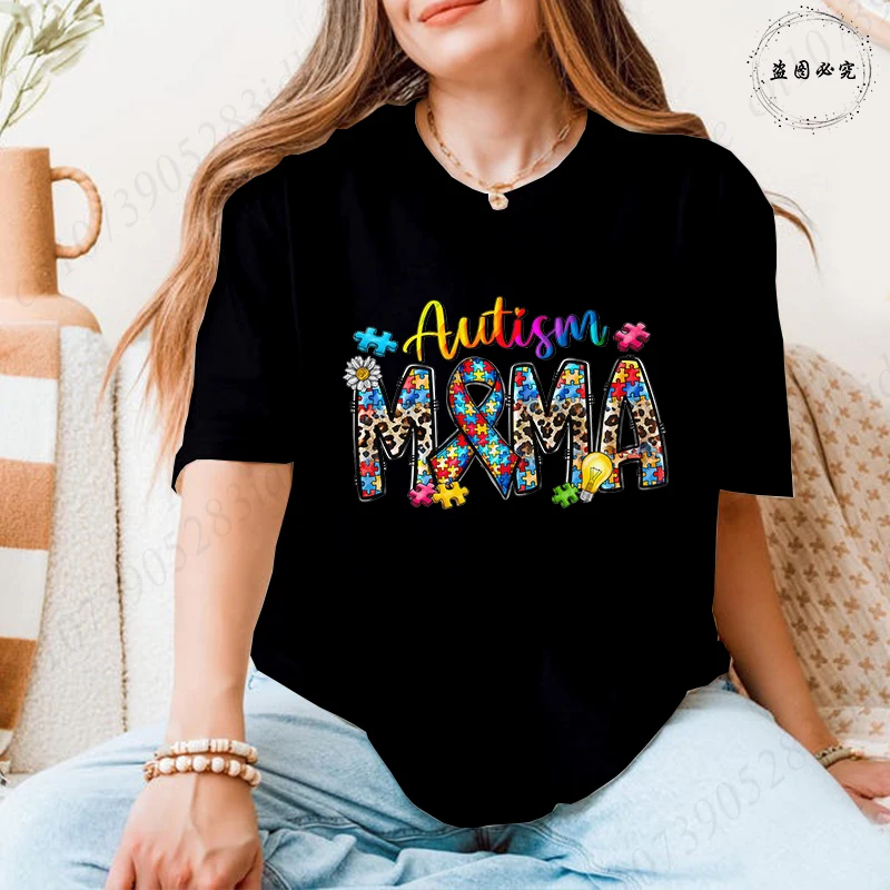 Women's Autism Mama Graphic T-shirts Colorful Puzzle Pattern Autism Awareness Mom Love Short Sleeve Tees Aesthetic Streetwear