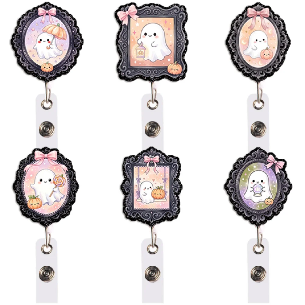 Halloween Pastel Badge Reel Retractable ID Holder Ghost Pumpkin Bunny Duck Spooky Gift for Daily Use Travel